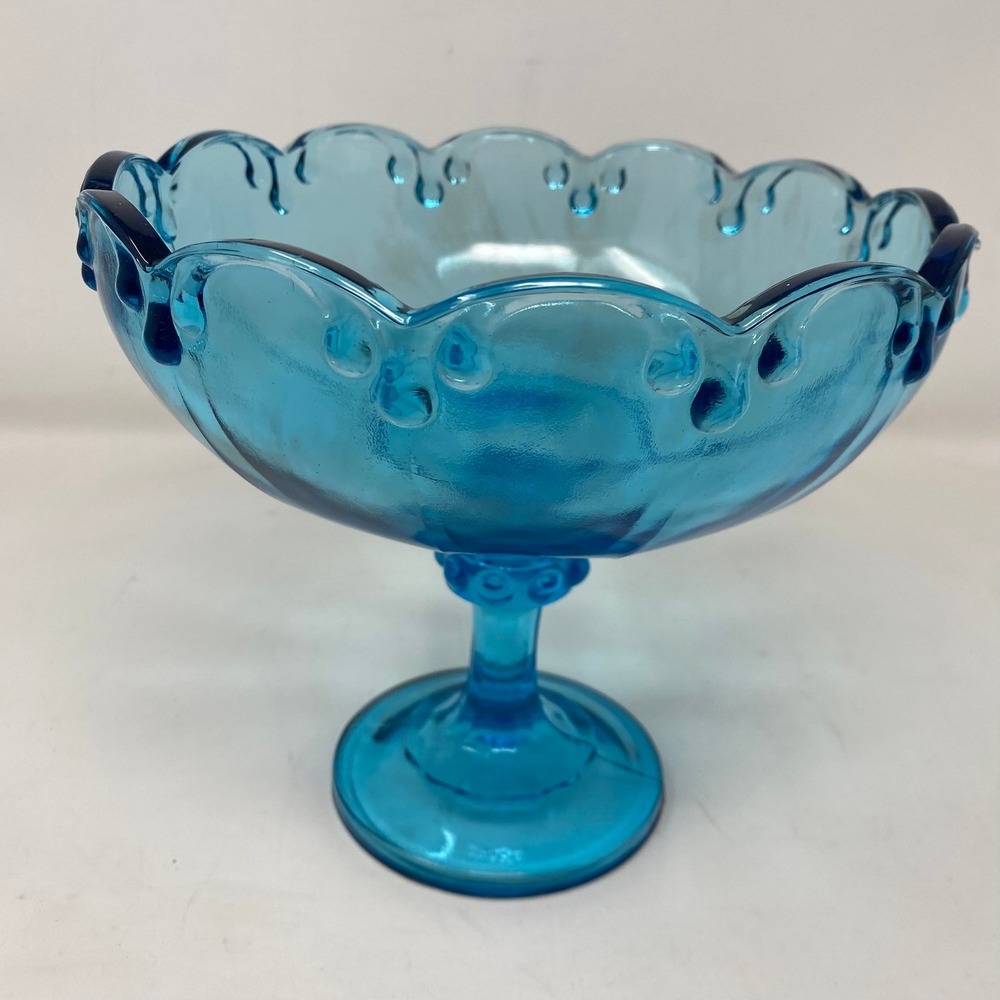 Vintage Unisex OS Pedestal Bowl Blue Scalloped Teardrop Glass